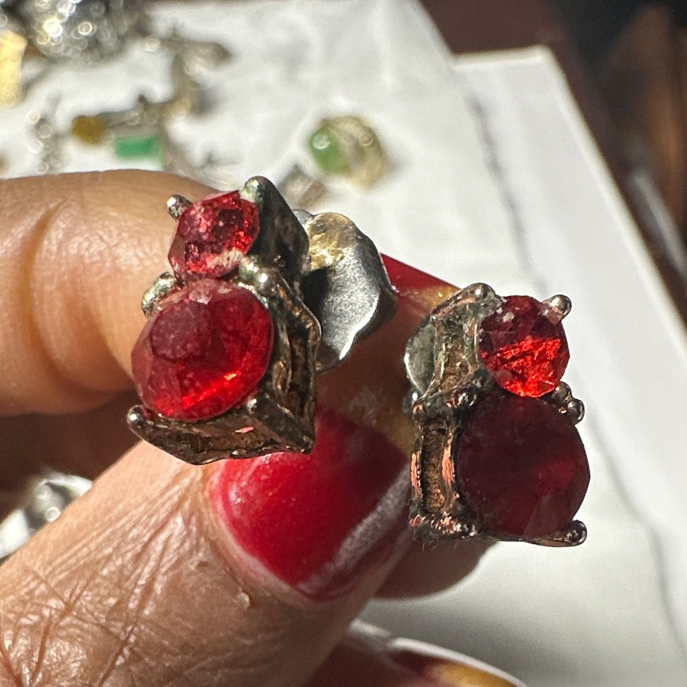 Vintage Red Double-Stone Stud Earrings - Women Jewelry